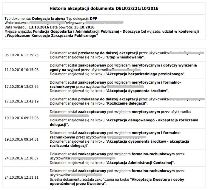 Pokaż historię akceptacji dokumentu przykład Podobnie jak historię dokumentu, historię akceptacji dokumentu można