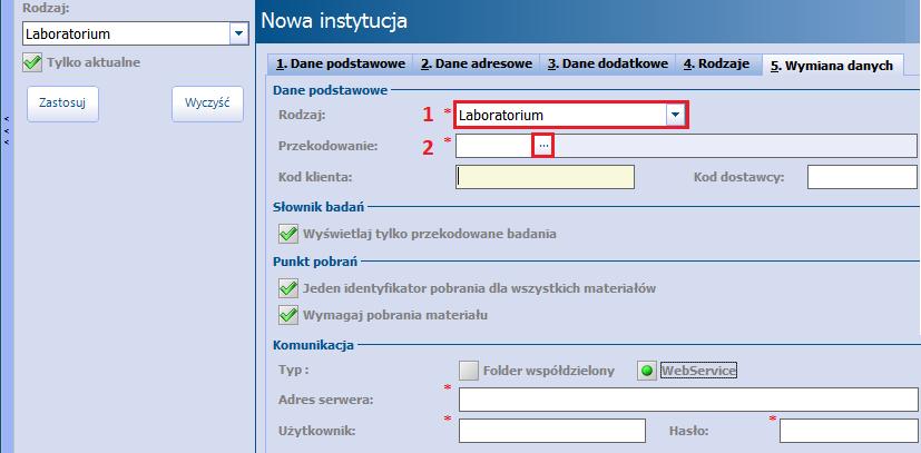 Konfiguracja Modułu ewyniki 2.2.1 Konfiguracja wymiany danych W celu określenia parametrów wymiany danych z instytucją należy przejść do zakładki 5. W ym iana danych.