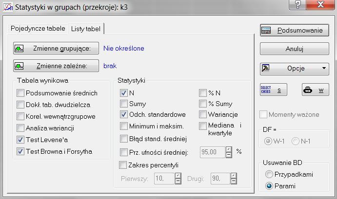 porównanie wartości tzw. prawdopodobieństwa testowego p (p poziom prawdopodobieństwa testowego w programie STATISTICA) z przyjętym poziomem istotności α [α poziom istotności, α (0,01 0,1)].