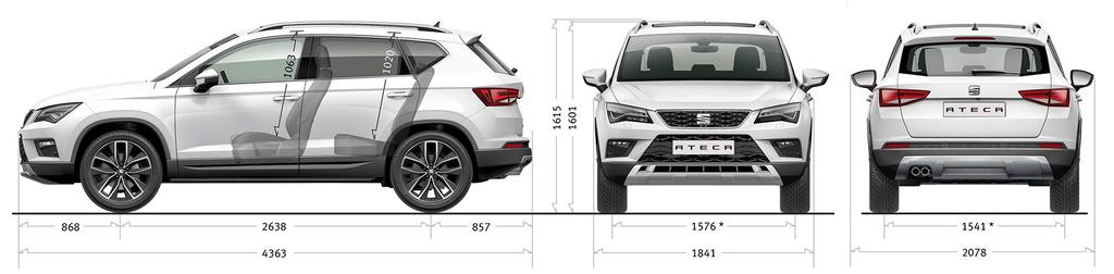 DANE TECHNICZNE ATECA SILNIKI Prędkość maksymalna (km/h) Przyspieszenie 0-100 km/h (s) Zużycie paliwa (l/100 km) Cykl miejski Cykl pozamiejski Cykl łączony Emisja CO2 (g/km) BENZYNA DIESEL 1.