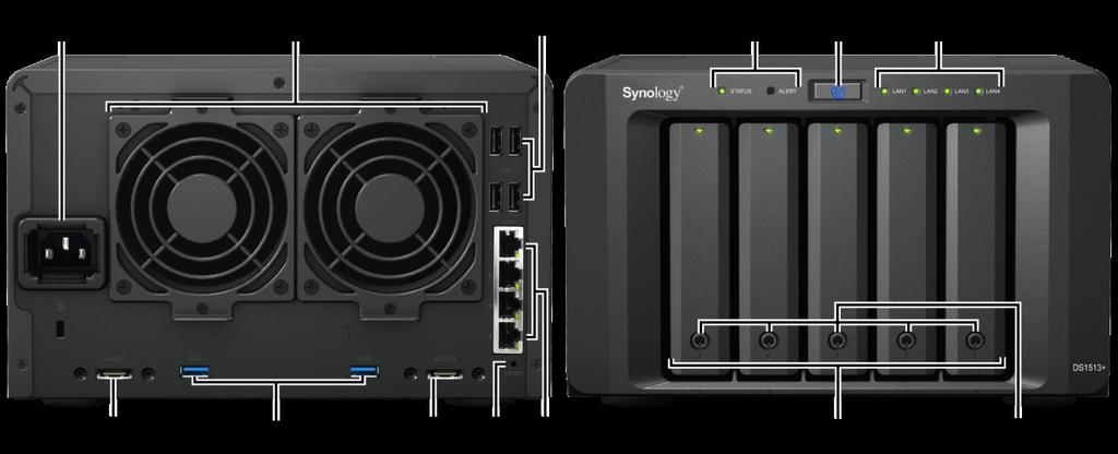 Elementy serwera Synology DiskStation Lp. Element Lokalizacja Opis 1) Przycisk zasilania Panel przedni Przycisk zasilania służy do włączania i wyłączania serwera Synology DiskStation.