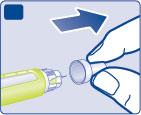 E Zdjąć wewnętrzną osłonkę igły i wyrzucić ją. Przy próbie ponownego założenia, można przypadkowo ukłuć się igłą. Kropla insuliny może pojawić się na końcu igły.
