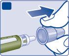 E Zdjąć wewnętrzną osłonkę igły i wyrzucić ją. Przy próbie ponownego założenia, można przypadkowo ukłuć się igłą. Kropla insuliny może pojawić się na końcu igły.