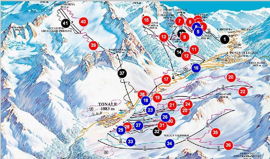 OPIS REGIONU NARCIARSKIEGO Nowoczesne Centrum Narciarskie Adamello Ski składa się z dwóch ośrodków narciarskich, z przełęczy Tonale u stóp lodowca Presena (3069 m n.p.m) i z Ponte Di Legno, ośrodka w pięknym miasteczku poniżej przełęczy Tonale.
