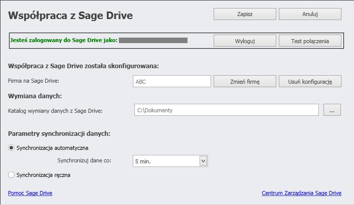 Podręcznik użytkownika Sage Symfonia Start Faktura 94 Ustawienia wysyłania dokumentów przez Sage Drive W oknie Ustawienia na panelu Współpraca Sage Drive można skonfigurować współpracę z innymi