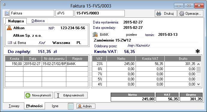 Podręcznik użytkownika Sage Symfonia Start Faktura 114 Zakładka Płatności Rys. 73 Strona płatności dokumentu. Płatności można wprowadzać lub edytować tylko dla już wystawionych dokumentów.