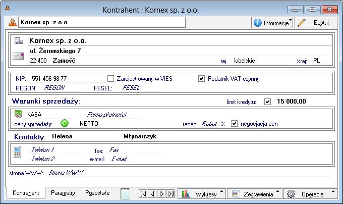 Podręcznik użytkownika Sage Symfonia Start Faktura 32 Podstawowe dane o kontrahencie Rys. 15 Okno danych kontrahenta. Strona ta pojawia się po wybraniu zakładki Kontrahent w oknie kontrahenta.