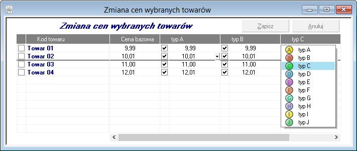 Po wprowadzeniu zmian program przepisuje marże/narzuty do kart towarów, oblicza nowe ceny sprzedaży i zapisuje zmiany do kartoteki. Zmiana cen Rys.