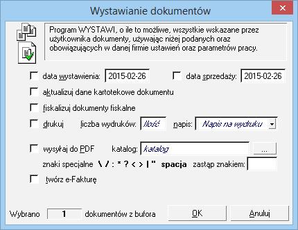 Podręcznik użytkownika Sage Symfonia Start Faktura 58 Data wystawienia, data operacji (sprzedaży) - Jeśli pola te są zaznaczone, istniejące w wystawianym dokumencie daty są zastępowane wartościami