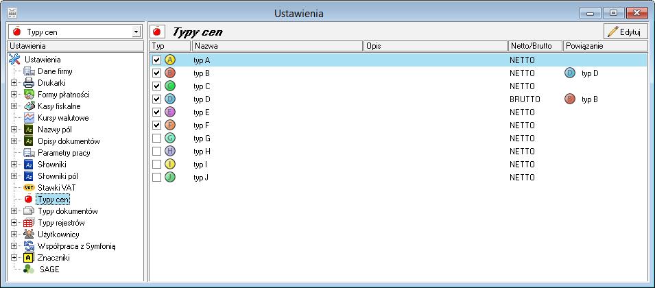 Podręcznik użytkownika Sage Symfonia Start Faktura 85 Typy cen Rys. 60 Ustawienia typów cen. W oknie ustawień typów cen definiuje się do 10 typów cen. Do listy tej nie można dodawać kolejnych pozycji.
