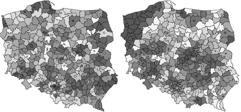 106 Kamil Gala Rys. 3. Lokalna statystyka Morana dla OC p.p.m. (po lewej) oraz AC (po prawej). Ciemniejszy kolor oznacza większą wartość statystyki autokorelacji.