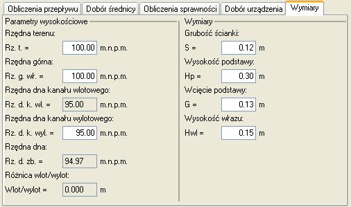 Pole Rzędna dna os. pole służące do podglądu wartości dna osadnika wyliczonej z wzoru Rz.d.k.wyl 4 V cz π D 2 Pole Grubośd ścianki pole służące do wpisywania grubości ścian osadnika S.
