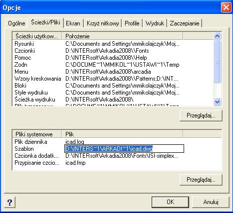 Rys. 3.2.1 Okno opcji programu ArCADia-IntelliCAD 2008 Wybieramy zakładkę Ścieżki/Pliki i w polu Szablon poprzez przycisk ARCADIA-KANALIZACJA.dwt. wybieramy plik 4.
