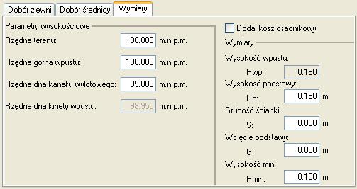 Rys.3.7.14.4.1. Wymiary dla węzła źródłowego Pole Rzędna terenu pole służące do ręcznego wpisania rzędnej terenu projektowanego. Wartości podawane w tym polu powinny byd podawane w jednostce m npm.