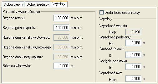 Pole Wysokośd wpustu pole służące do podglądu wysokości wpustu Hwp. Wg tej informacji zostanie odrysowany obiekt na profilu.