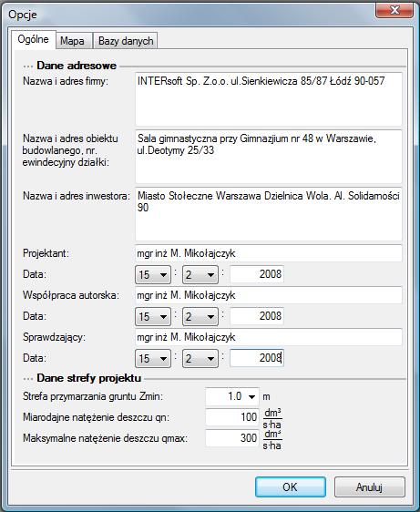 4.4 Opcje programu W programie ArCADia-SIECI KANALIZACYJNE 1.1 opcje programu są włączane poprzez ikonę, która otwiera okno: Rys. 3.4.1 Okno opcji zakładka ogólne W zakładce tej użytkownik definiuje Dane adresowe i parametry obliczeniowe potrzebne do wyliczania zlewni i min głębokości zagłębienia.
