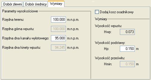 Tabela Parametry kinety tabela ta pozwala na podgląd wybranego typu kinety, składa się z czterech kolumn, w których kolejno podane są informacje o nazwie wlotu i wylotu, dobranej średnicy, kącie i