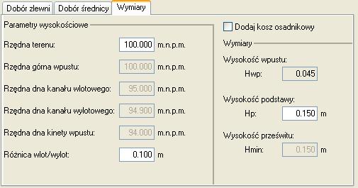 wartośd wpisana przez użytkownika w tym polu nie może byd mniejsza od wartości wyliczonej wzorem. Pole Rzędna dna kinety wpustu pole służące do podglądu wartości dna osadnika wyliczonej z wzoru Rz.d.k.wyl 4 V π φ 2.