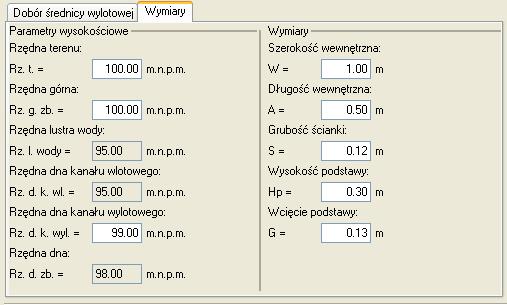 Pole Szerokośd wewnętrzna pole służące do wpisywania wewnętrznej szerokości komory W. Wg tej informacji zostanie odrysowany obiekt na rzucie i profilu. Wartośd podawad w metrach.