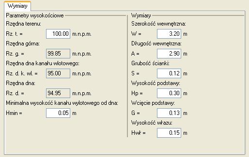 Pole Szerokośd wewnętrzna pole służące do wpisywania wewnętrznej szerokości komory W. Wg tej informacji zostanie odrysowany obiekt na rzucie i profilu. Wartośd podawad w metrach.