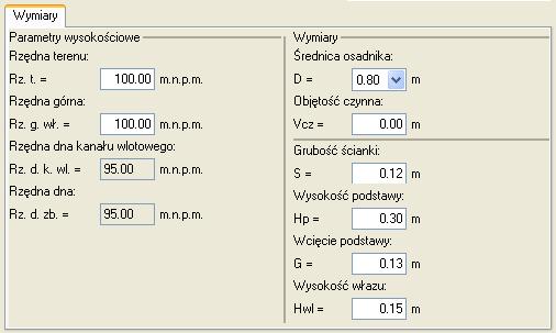 Pole Średnica osadnika D pole służące do wyboru wartości wewnętrznej średnicy osadnika z rozwijanej listy (0.8 m, 1.0 m, 1.2 m, 1.5 m, 2.0 m, 2.5 m, 3.0 m).