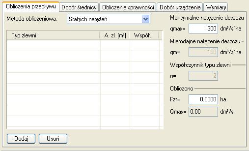 Rys.3.7.6.2.1.1 Obliczenia przepływu metoda granicznych natężeo Pole Metoda obliczeniowa pole służące do wyboru jednej z dwóch metod obliczania zlewni (granicznych natężeo, stałych natężeo).