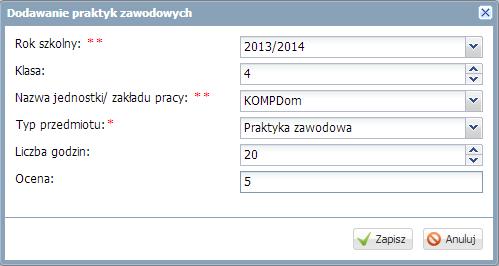 Korzystanie z dziennika w sytuacjach złożonych Dodanie informacji o praktykach zawodowych/zajęciach praktycznych w kartotece ucznia Informacje dotyczące praktyk zawodowych przenoszą się na arkusze