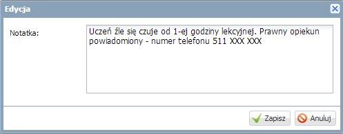 W drzewie danych kliknąć pozycję kartoteki wybranego ucznia, a następnie zakładkę Dodatkowe informacje. W prawym panelu, w sekcji Notatki kliknąć przycisk Dodaj.