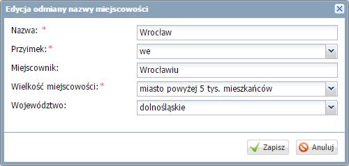 Korzystanie z dziennika oddziału Ustalanie słownika odmian nazw miejscowości Zanim wychowawca zacznie tworzyć szablon świadectwa, powinien zwrócić uwagę na poprawną odmianę nazw miejscowości.