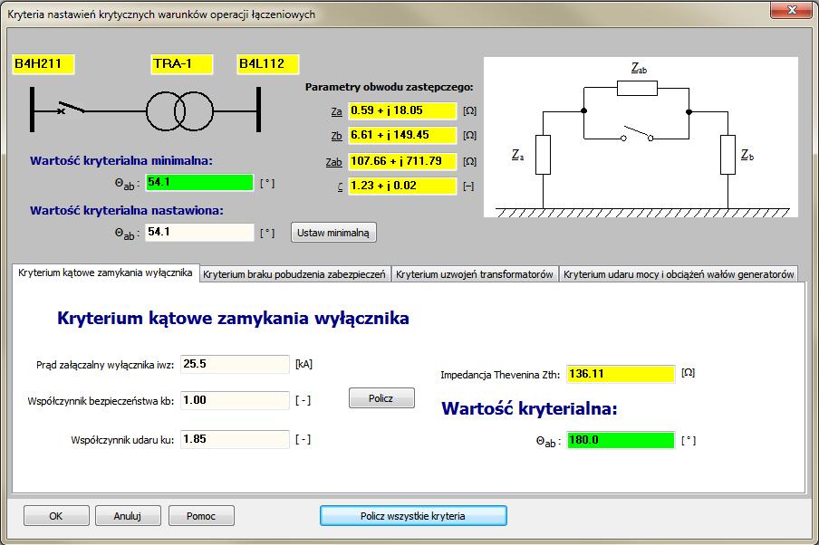 13 Okno dialogowe nastawień krytycznych warunków operacji łączeniowych kryterium kątowe zamykania wyłącznika Górna część okna to graficzna prezentacja miejsca wykonywania operacji łączenia (nazwy