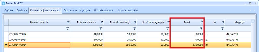 Ilość w kolumnie Braki jest pomniejszona o ilość na dokumencie ZD w dniu określonym w polu Data w części Zasoby.