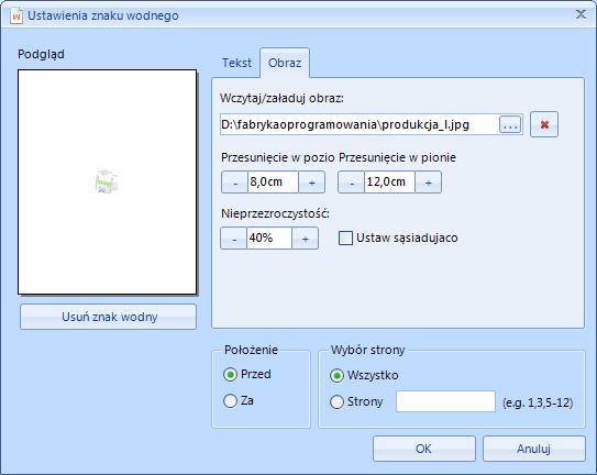 Znak wodny może mieć formę tekstu albo obrazu. 1. Znak wodny w formie tekstu. Zakładka Tekst służy do ustawienia tekstu jako znaku wodnego. W polu tekstowym Tekst należy wpisać treść zanku.