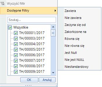 Po kliknięciu w wybrany filtr wyświetli się okienko: Należy wybrać z listy rozwijanej filtr, a następnie wpisać szukaną wartość w polu tekstowym.