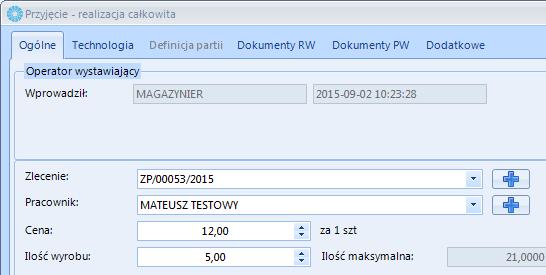 Cena wprowadzona ręcznie cena, którą można wprowadzić przed wygenerowaniem dokumentu magazynowego PW: Cena pobrana z pola specjalnego cena wyrobu gotowego jest pobierana z wybranego pola specjalnego.