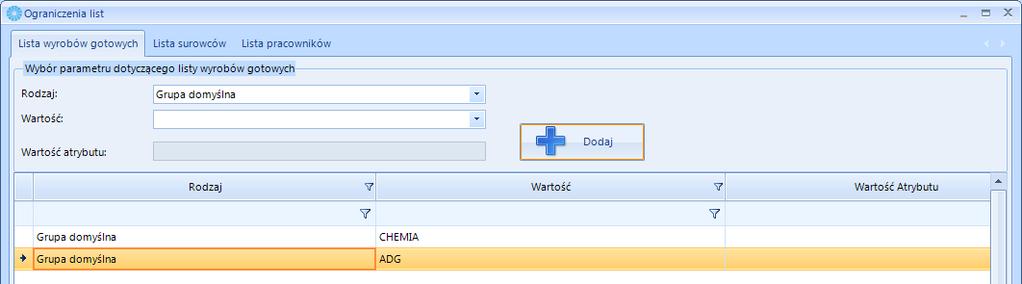 Ograniczenia zostaną dodane do listy: 7.7.2. Ograniczenia surowców W celu dokonania ograniczeń surowców należy kliknąć na zakładkę Lista surowców.