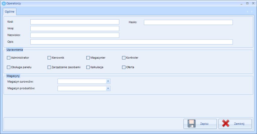 Nazwisko, Administrator, Magazynier, Kierownik, Kontroler, Panel, Zasoby, Magazyn Surowców, Magazyn Produktów, Opis. Przycisk Dodaj służy do dodania nowego operatora.