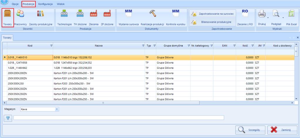8.1. Towary Po kliknięciu Towary wyświetli się lista wszystkich towarów (z OPTIMY): Każdy towar jest opisany następującymi informacjami: Kod, Nazwa, Typ, Grupa domyślna, Numer katalogowy, EAN, Ilość,