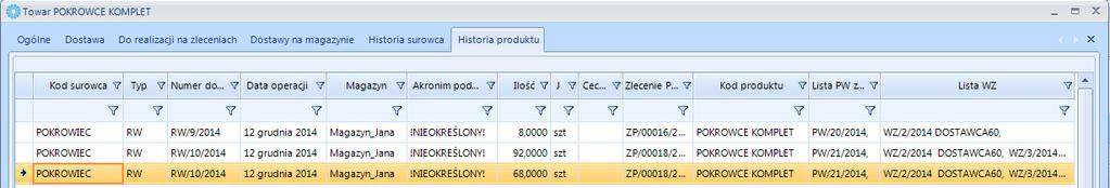 Surowiec <- RW <- ZP <- Produkt -> ZP -> PW -> WZ W szczegółach zlecenia na zakładce Stany magazynowe widnieją wyroby, które