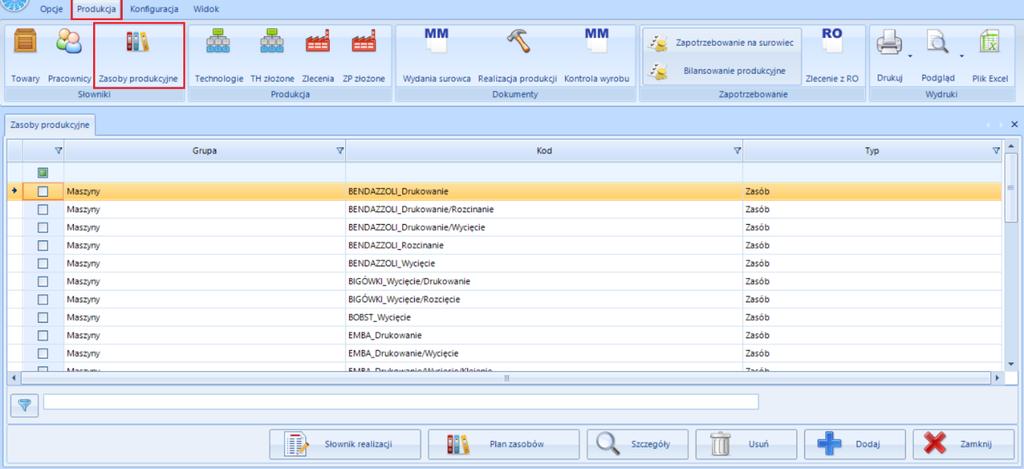 8.3. Zasoby produkcyjne W zakładce Zasoby produkcyjne istnieje możliwość zdefiniowania zasobów np.