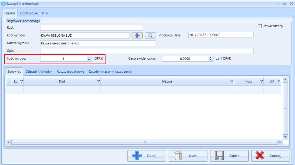 W kolejnym kroku należy wybrać surowce do produkcji oraz odpady, które przy produkcji powstaną. Służą do tego przyciski Dodaj.