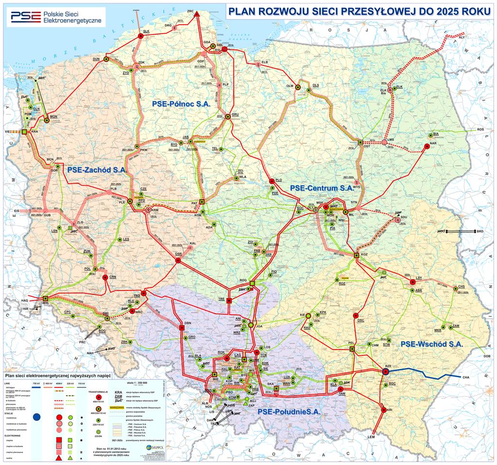 Czerwone linie -istniejące 400kV Zielone linie -220 kv Przerywane