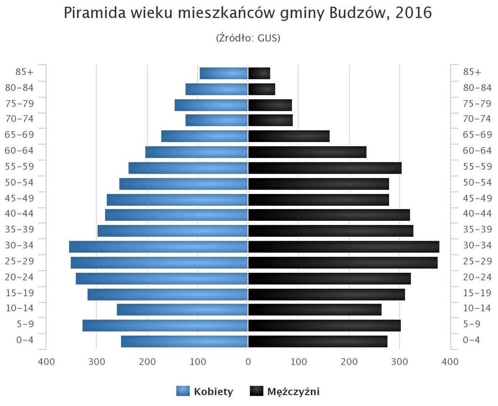 Piramida wieku mieszkańców gminy Budzów, 2016 6 5