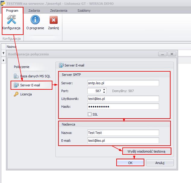 5. Konfiguracja połączenia e-mail Aby program mógł poprawnie pracować należy skonfigurować połączenia e-mail.