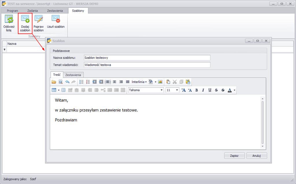 Aby dodać szablon należy wybrać opcję Dodaj szablon. Po wykonaniu tej czynności pojawi się nowe okno z polami do uzupełnienia.