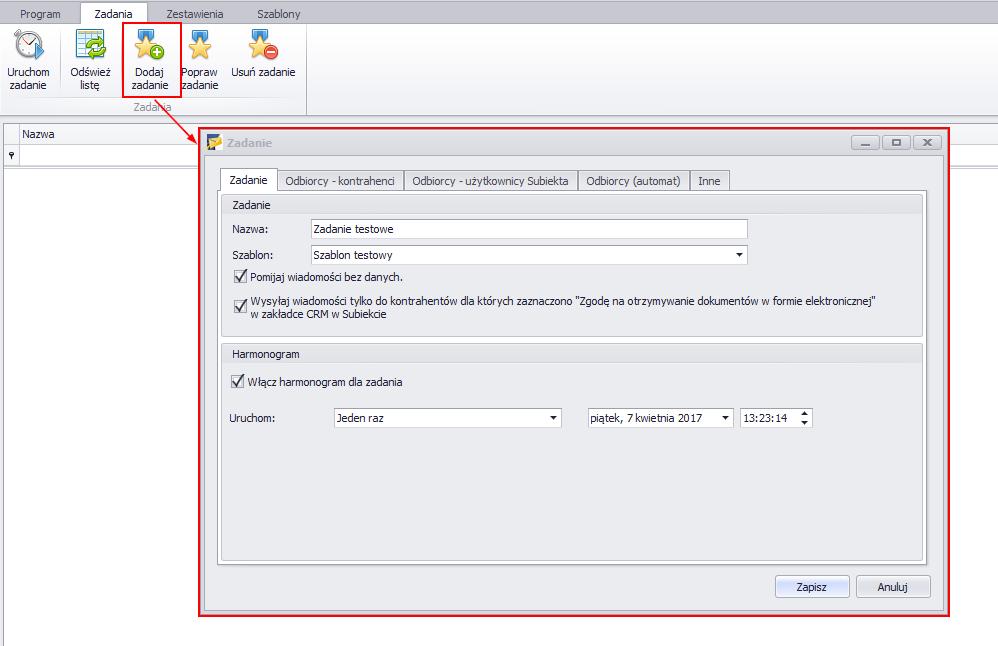 Aby dodać zadanie należy wybrać opcję Dodaj zadanie, w tym momencie pojawi się nowe okno z polami