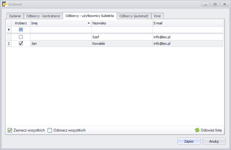 7.1.2.3 Zakładka Odbiorcy użytkownicy Subiekta Zakładka Odbiorcy użytkownicy Subiekta, jest to druga zakładka, w której można oznaczyć odbiorców wiadomości, są nimi użytkownicy programu Subiekt GT.