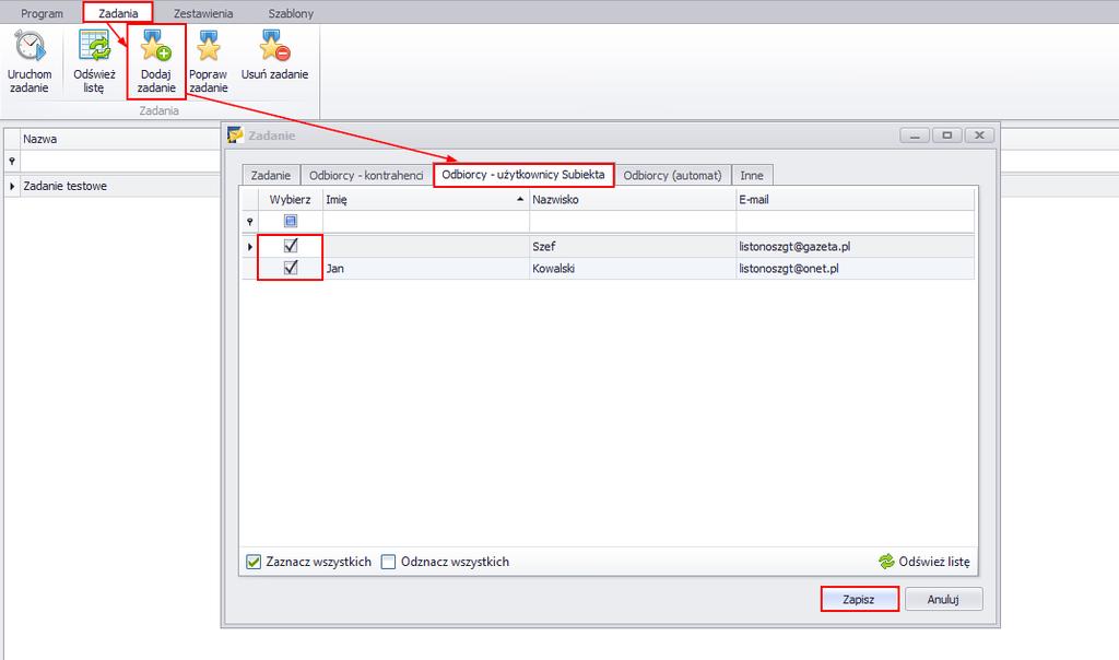 Następnie należy utworzyć zadanie używając zakładki Odbiorcy użytkownicy Subiekta.