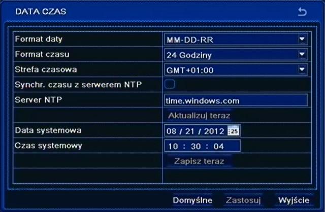 NDR-BA3208 i NDR-BA3416 Instrukcja obsługi wer.1.1 KONFIGURACJA REJESTRATORA 5.1.1.2. Data i czas Po wybraniu z menu PODSTAWOWE pozycji DATA/CZAS pojawi się poniższy ekran.