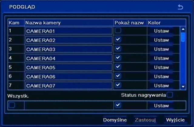 NDR-BA3208 i NDR-BA3416 Instrukcja obsługi wer.1.1 KONFIGURACJA REJESTRATORA 5.1.2. Podgląd Po wybraniu z menu USTAWIENIA pozycji PODGLĄD pojawi się poniższy ekran.