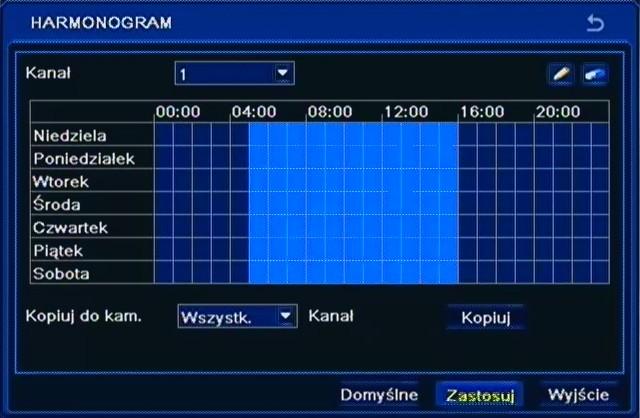 NDR-BA3208 i NDR-BA3416 Instrukcja obsługi wer.1.1 KONFIGURACJA REJESTRATORA 5.1.4. Harmonogram Po wybraniu z menu USTAWIENIA pozycji HARMONOGRAM pojawi się poniższy ekran.